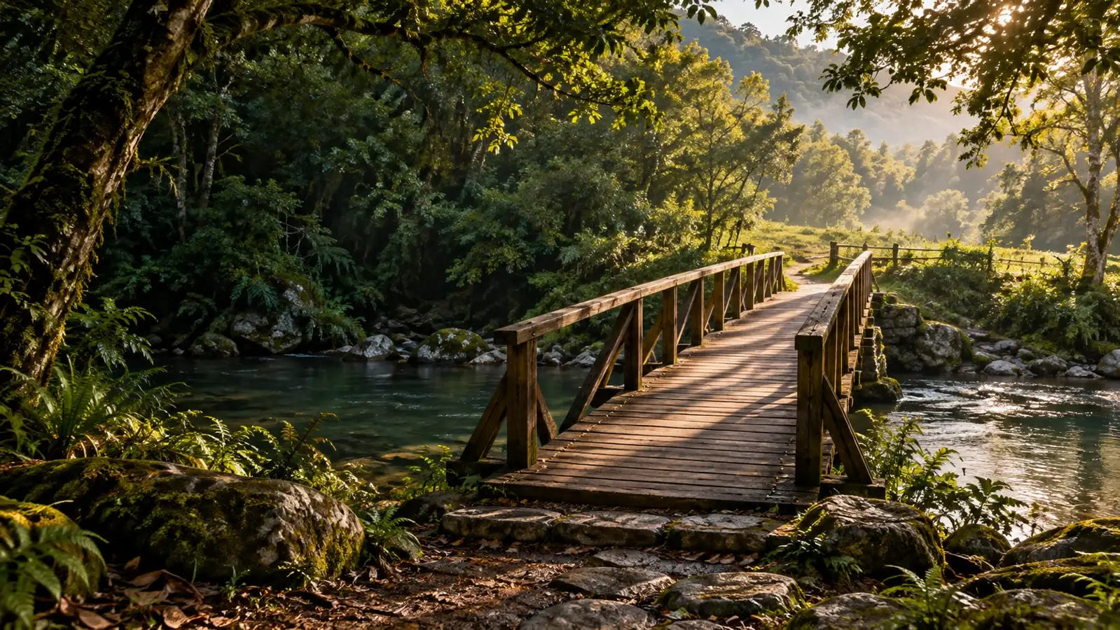 Ilustração: uma ponte de madeira sobre um rio, num bosque iluminado pelo sol.